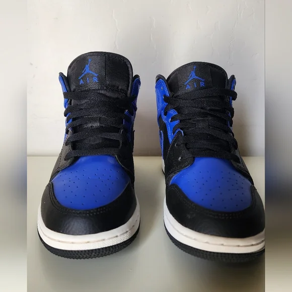 Nike Air Jordan 1 Mid Black and Blue Kids Sneakers Size 5.5 - Picture 2 of 3
